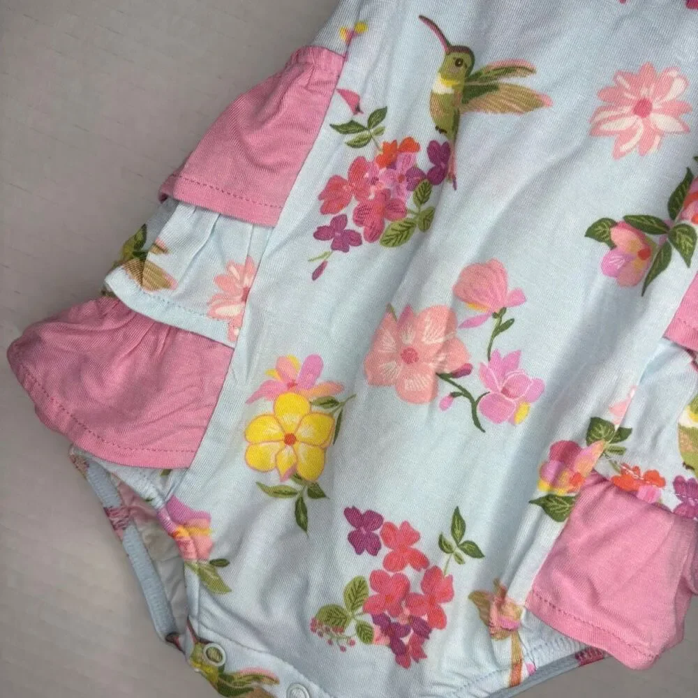 Angel Dear Baby Girl Blue Pink Cute Hummingbirds Ruffle Sunsuit NWT 0-3M Bamboo